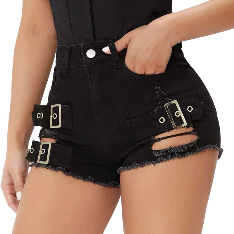 Midnight Edge High-Waist Buckle Denim Shorts