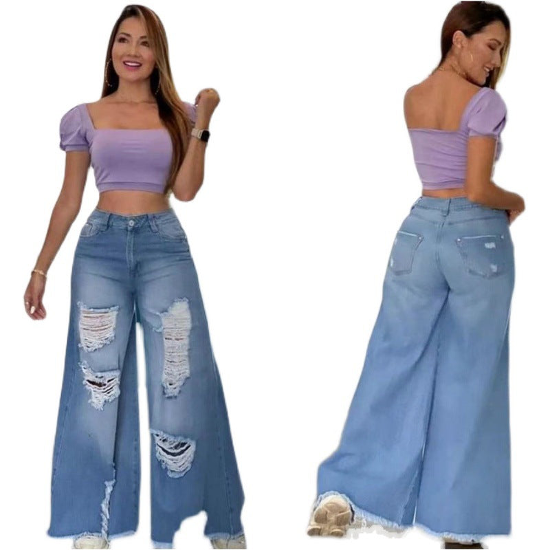 High-Waist Distressed Wide-Leg Denim Jeans