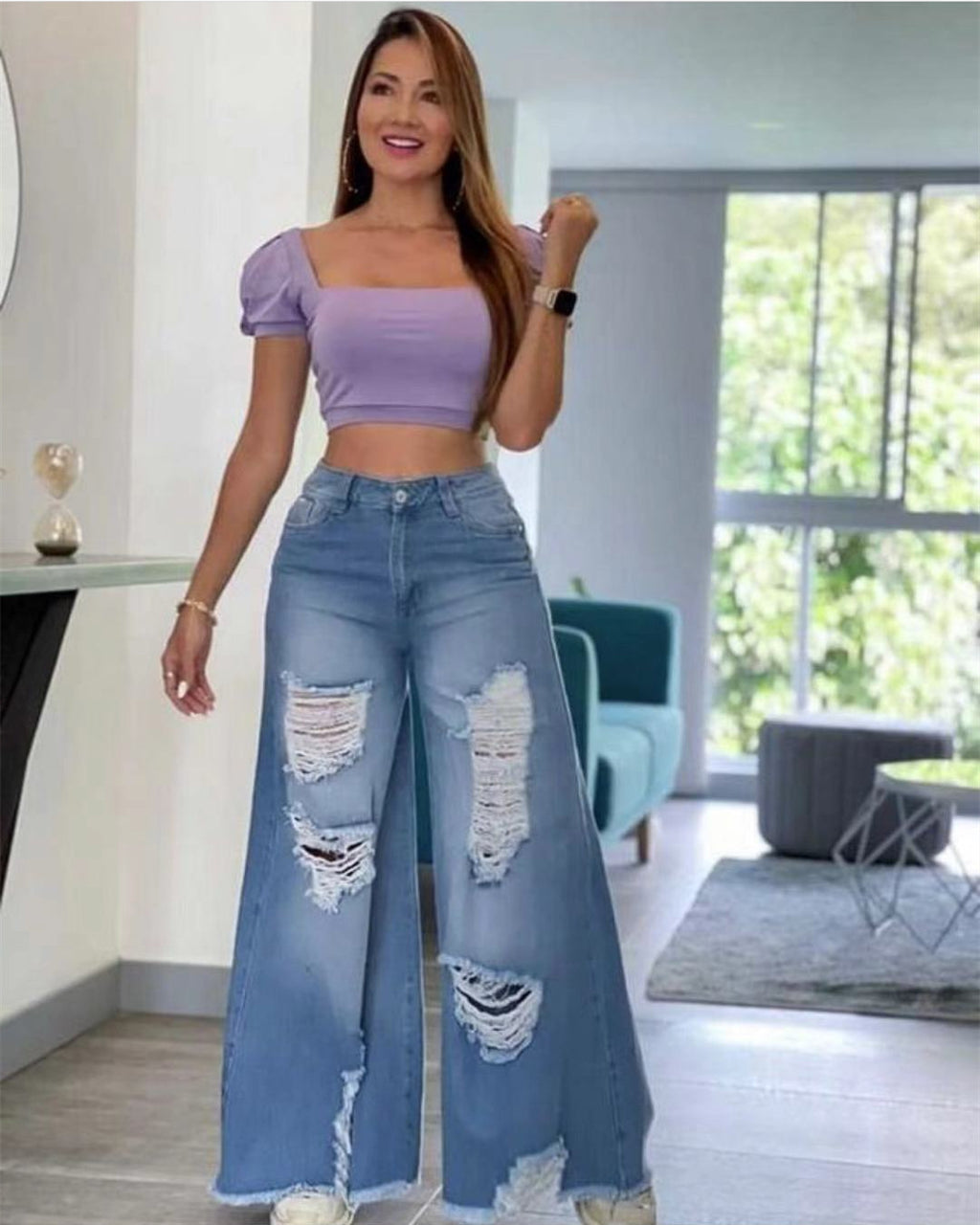High-Waist Distressed Wide-Leg Denim Jeans