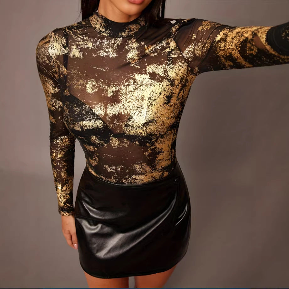 Midnight Muse Sheer Mesh Long-Sleeve Top