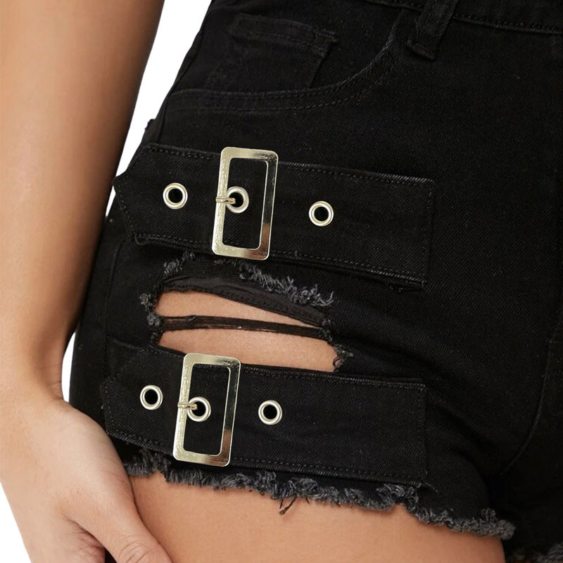 Midnight Edge High-Waist Buckle Denim Shorts