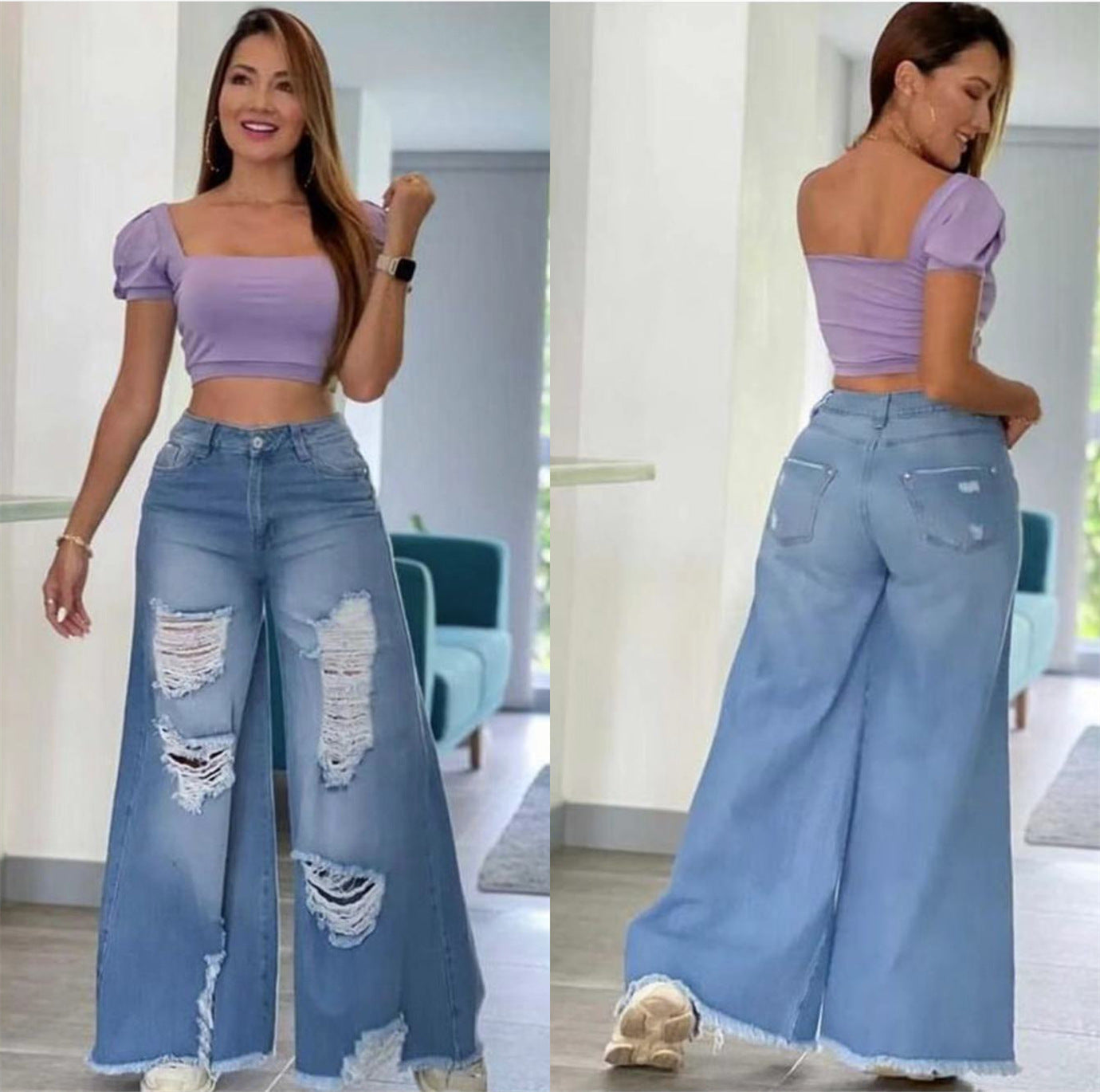 High-Waist Distressed Wide-Leg Denim Jeans