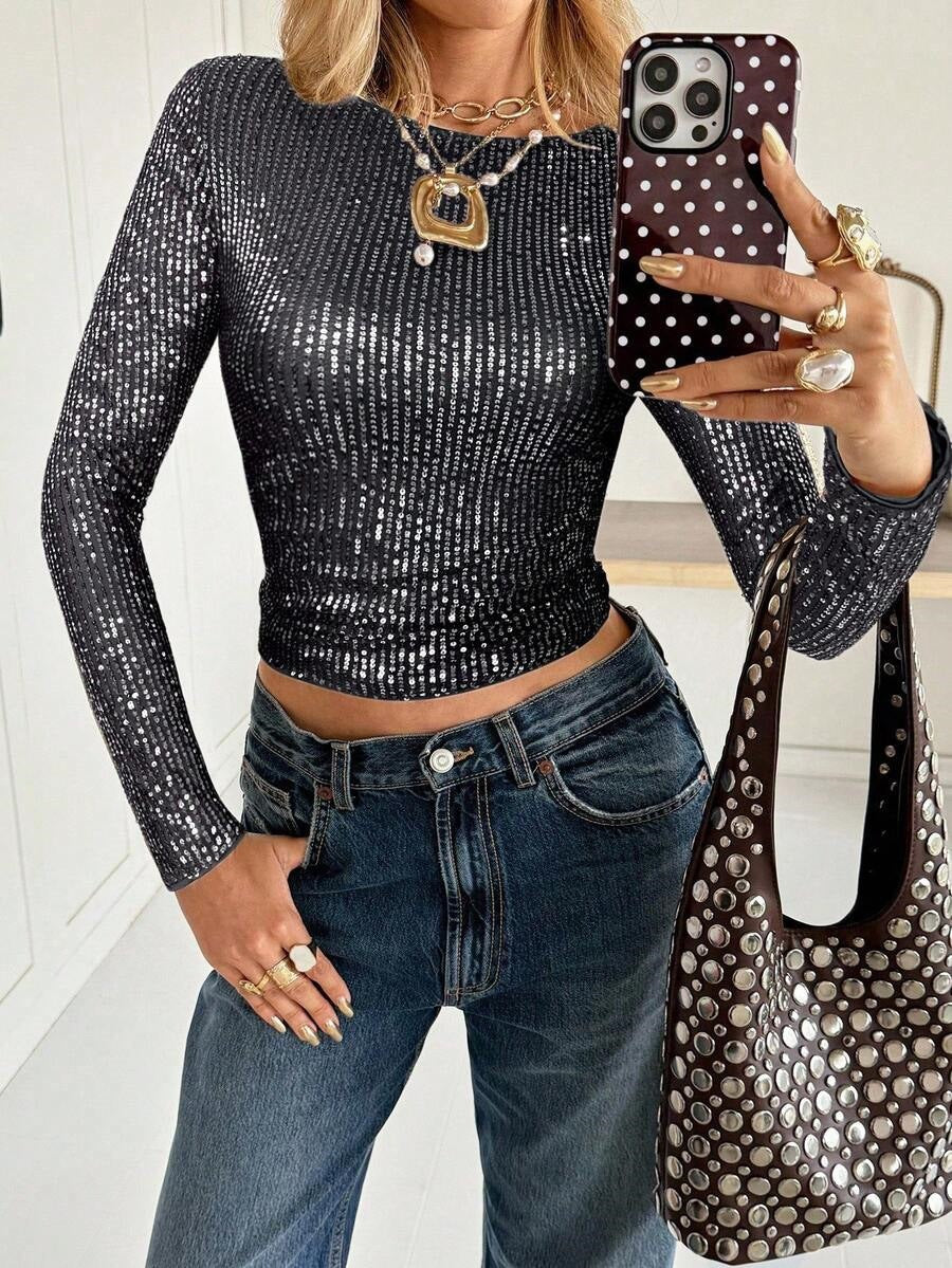 Shiny Sequin Long Sleeve Glam Top