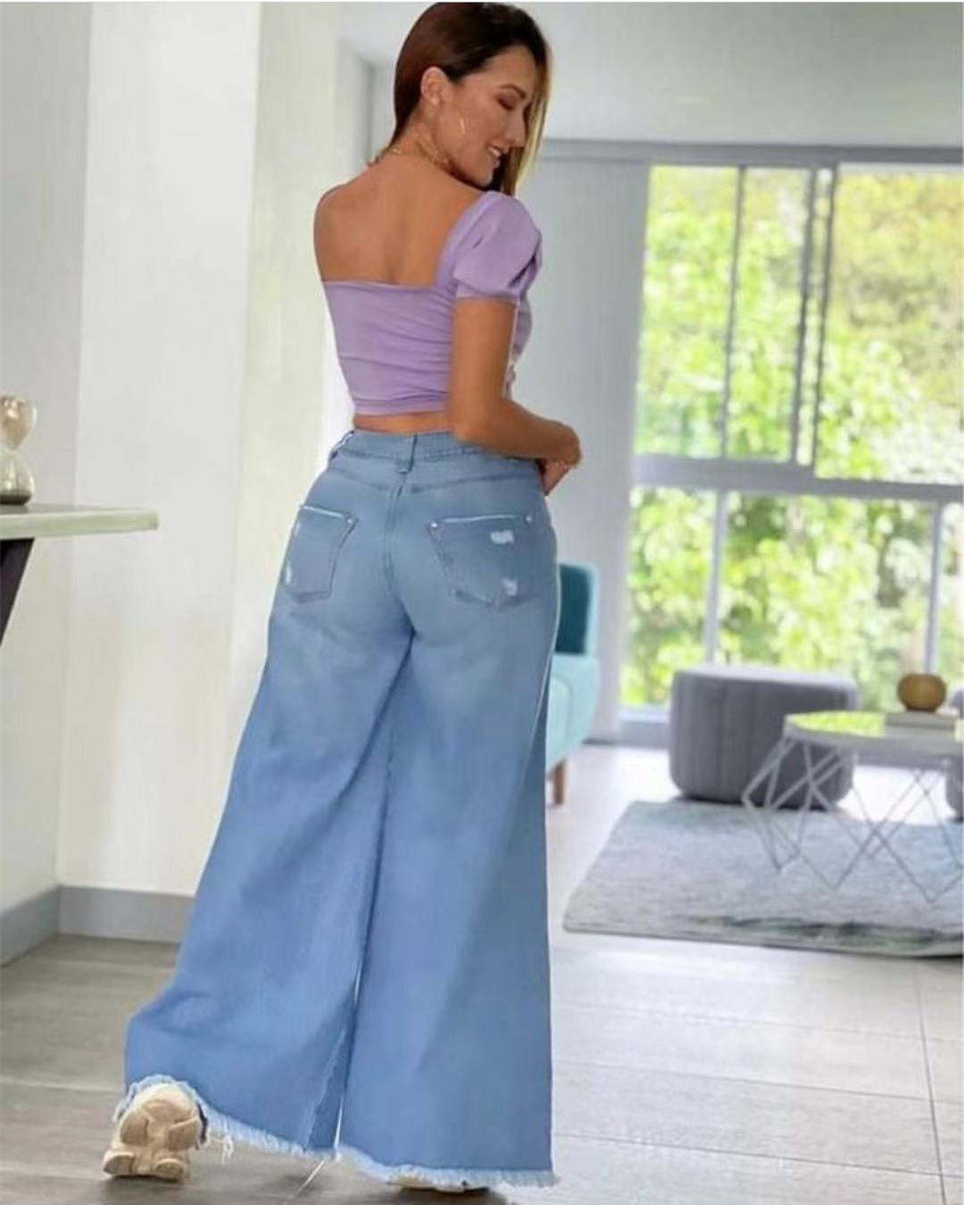 High-Waist Distressed Wide-Leg Denim Jeans
